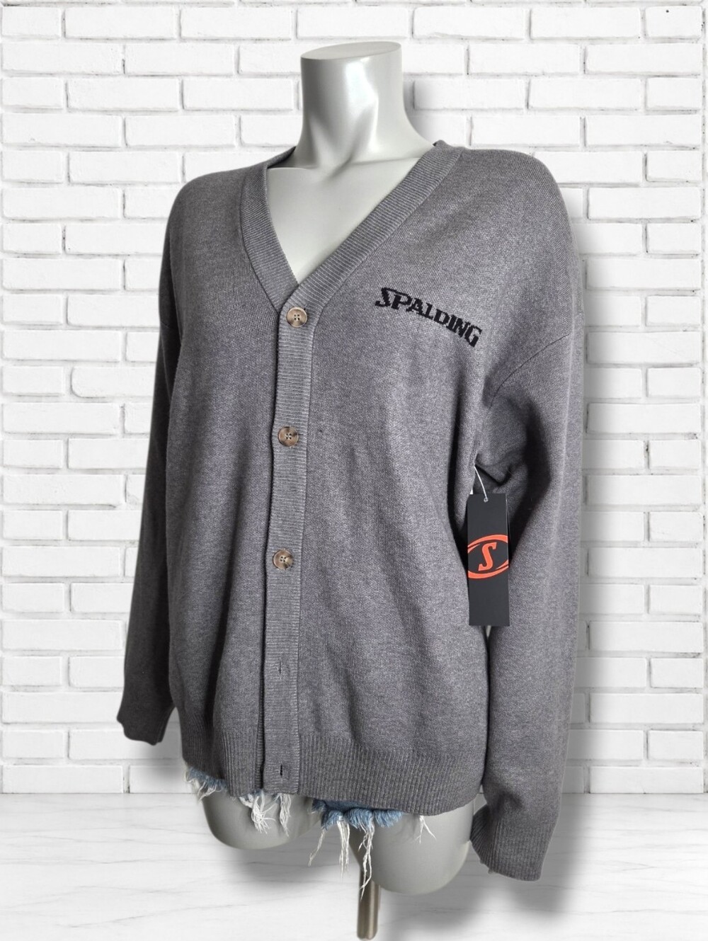 NEW! Spalding Size S Mens Vintage Inspired Grey Cardigan Logo Sweater